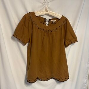 J. Crew Brown Boho Short Cap Sleeve Blouse with Black Beaded Trim.